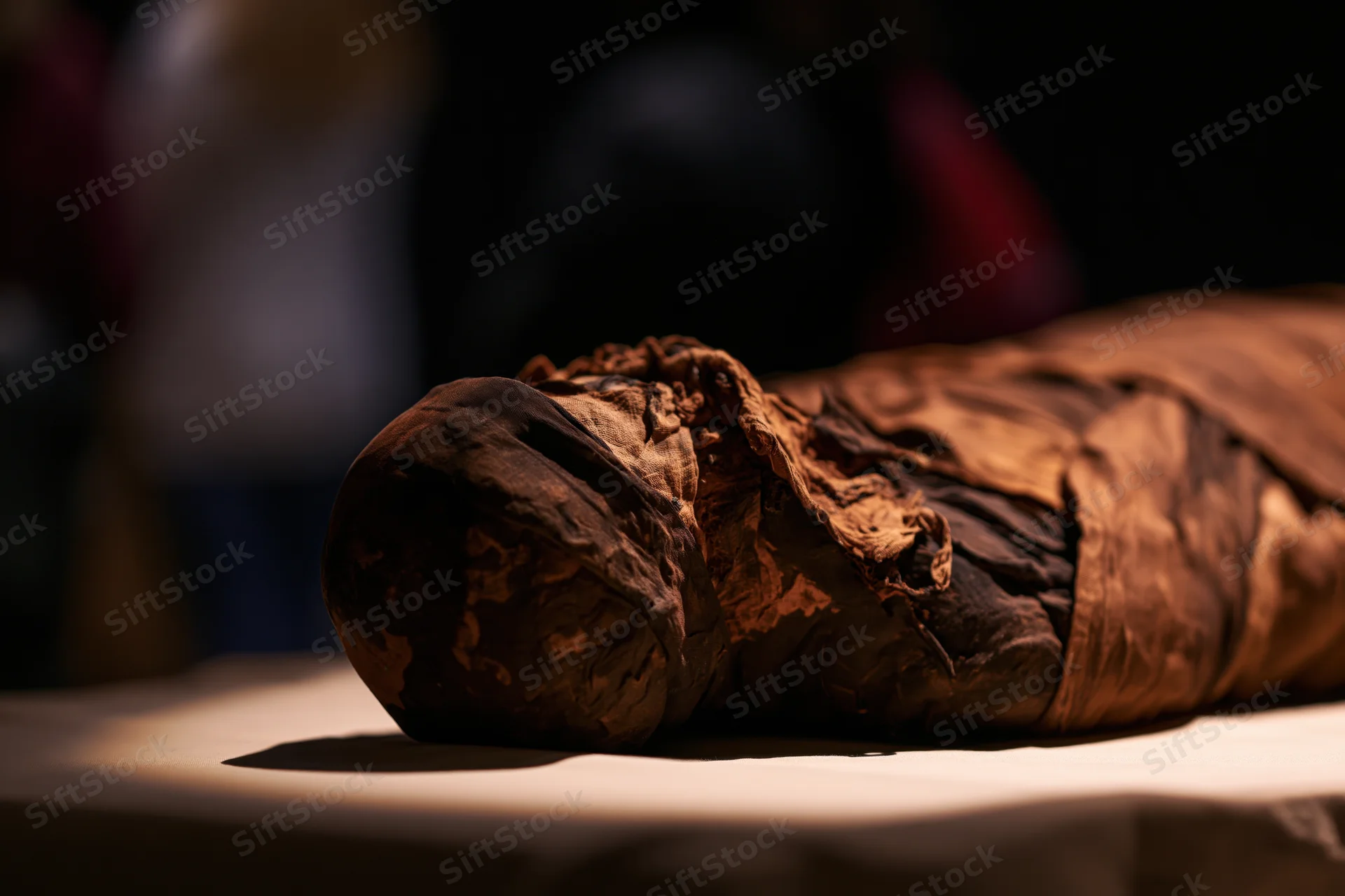 Ancient egyptian mummy wrapped in deteriorating linen bandages on display in a museum exhibit