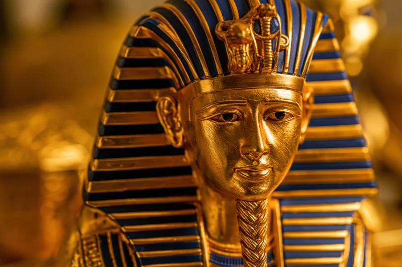 Golden pharaoh funerary mask with blue striped nemes headdress and cobra uraeus, displayed in museum setting