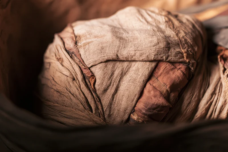 Ancient egyptian mummy wrapped in linen bandages inside a sarcophagus