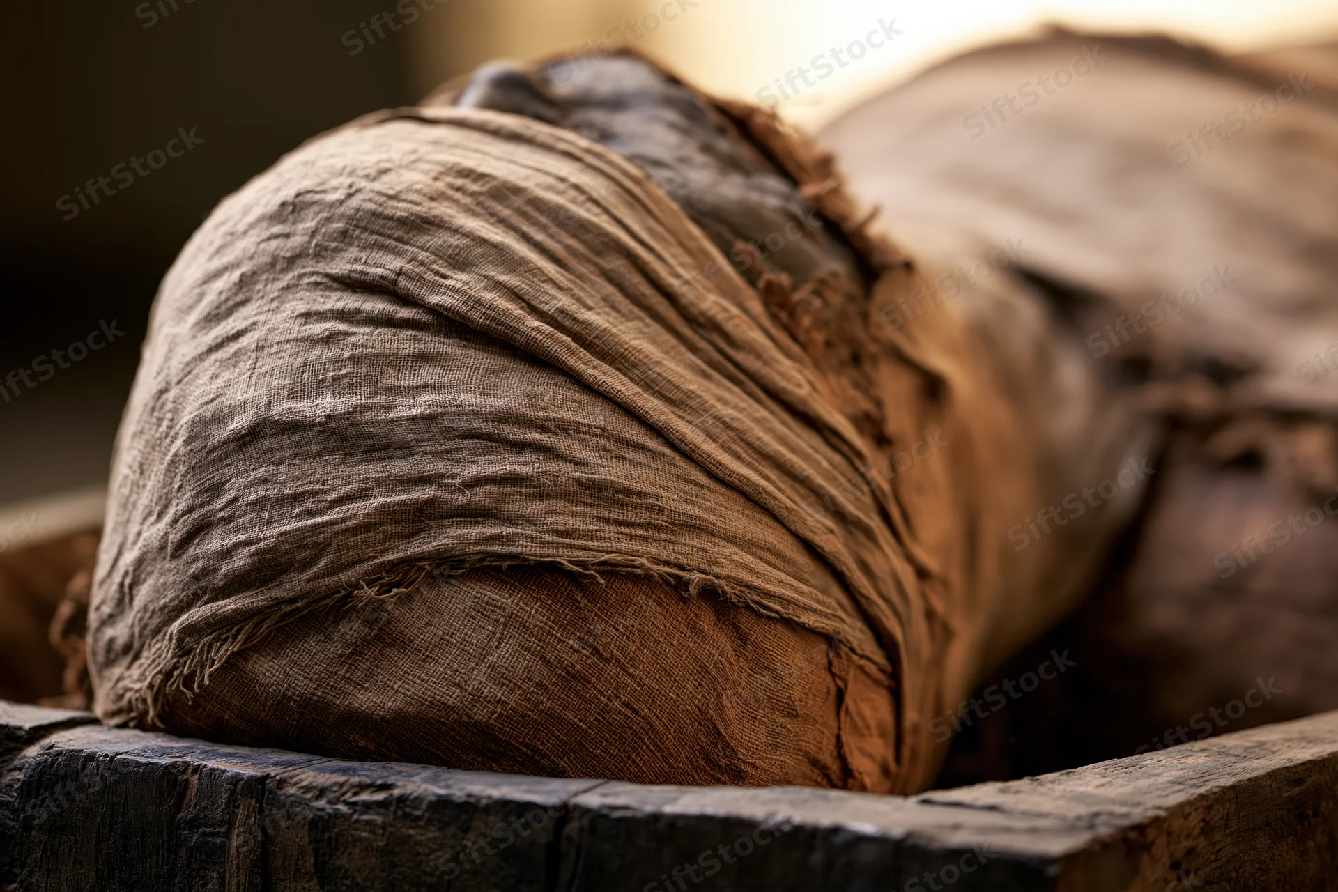 Ancient egyptian mummy wrapped in linen bandages resting in wooden sarcophagus