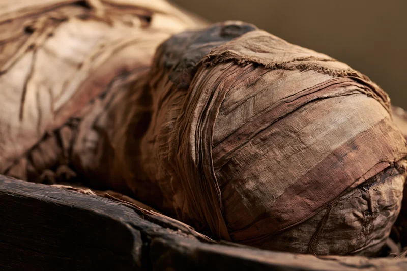Ancient egyptian mummy wrapped in linen bandages resting in wooden sarcophagus