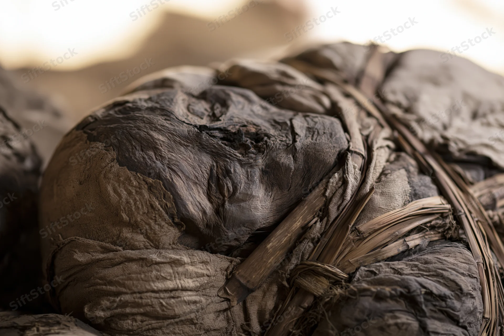 Ancient egyptian mummy wrapped in linen bandages lying in desert excavation site
