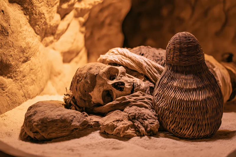 Ancient egyptian mummy with exposed skull and woven basket in dimly lit tomb setting