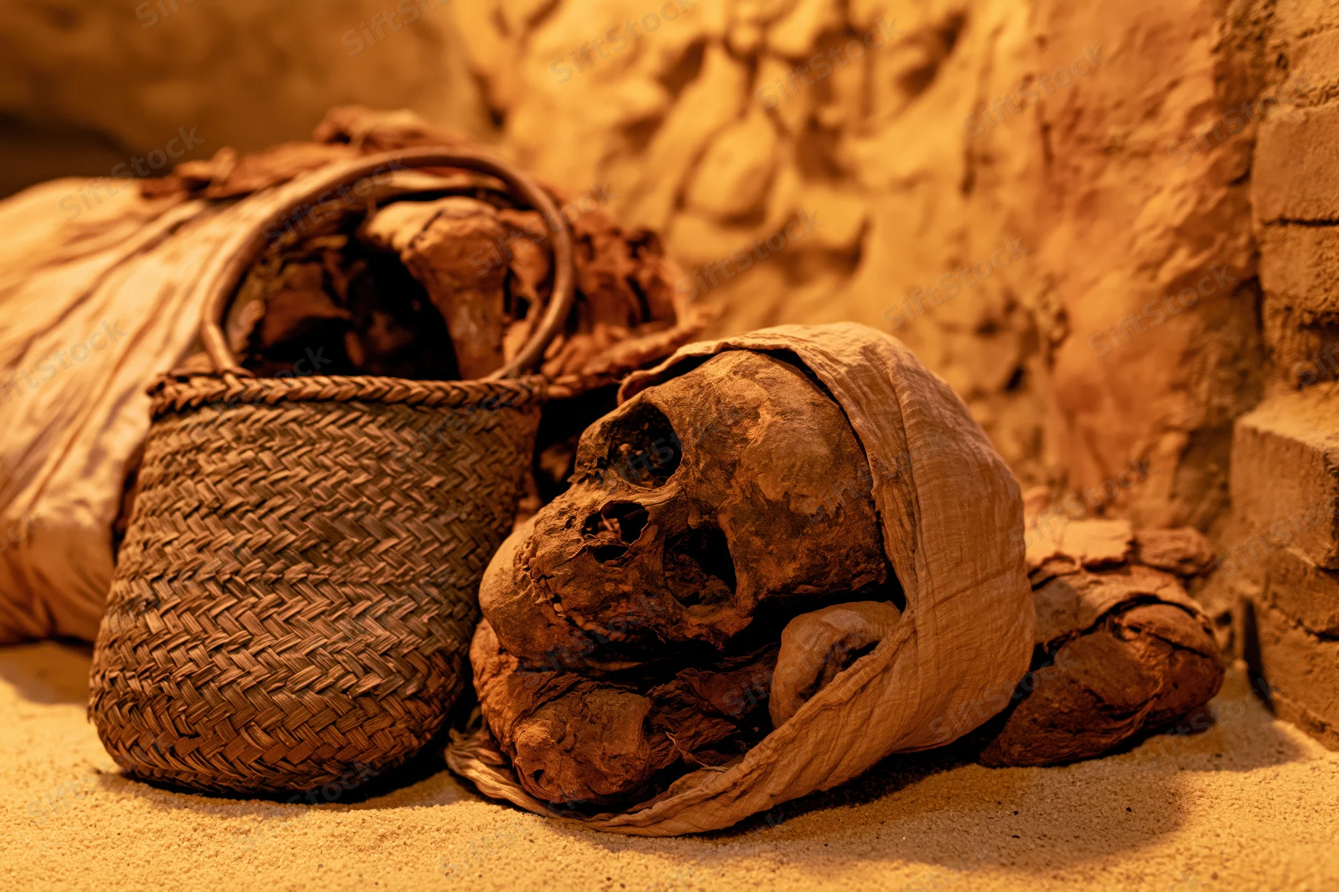 Ancient egyptian mummy with exposed skull and linen wrappings in a tomb setting