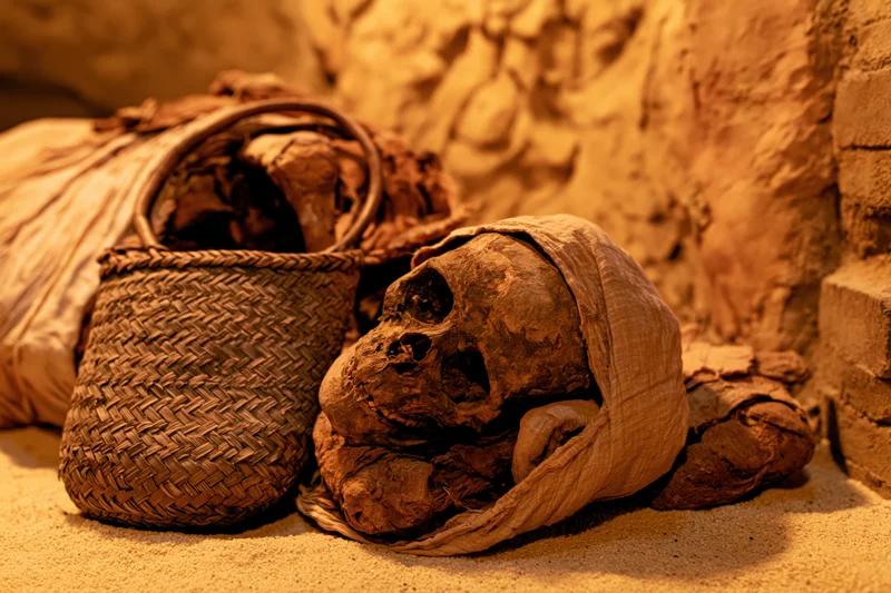 Ancient egyptian mummy with exposed skull and linen wrappings in a tomb setting