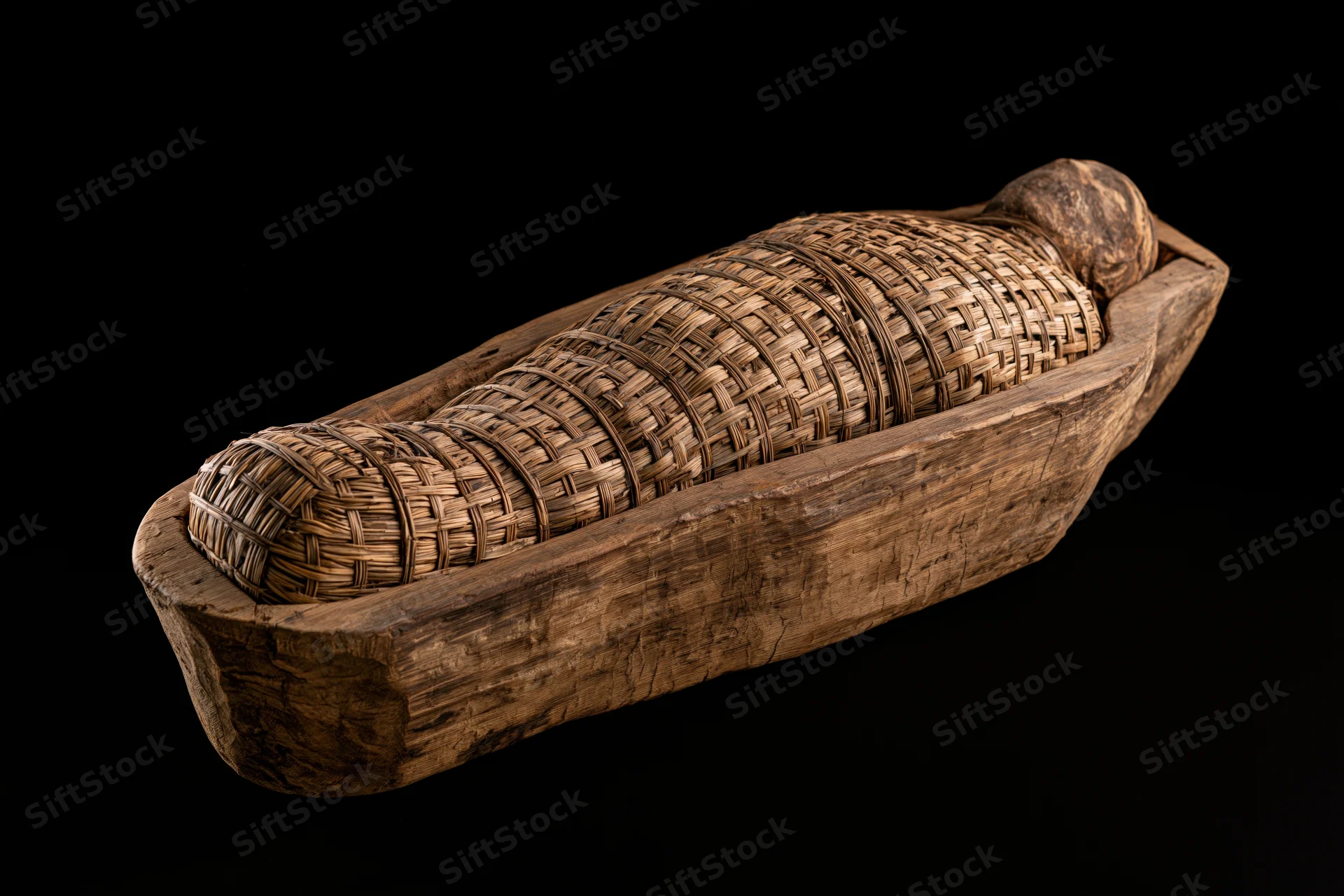Ancient egyptian mummy wrapped in woven reed matting lying in wooden sarcophagus on black background