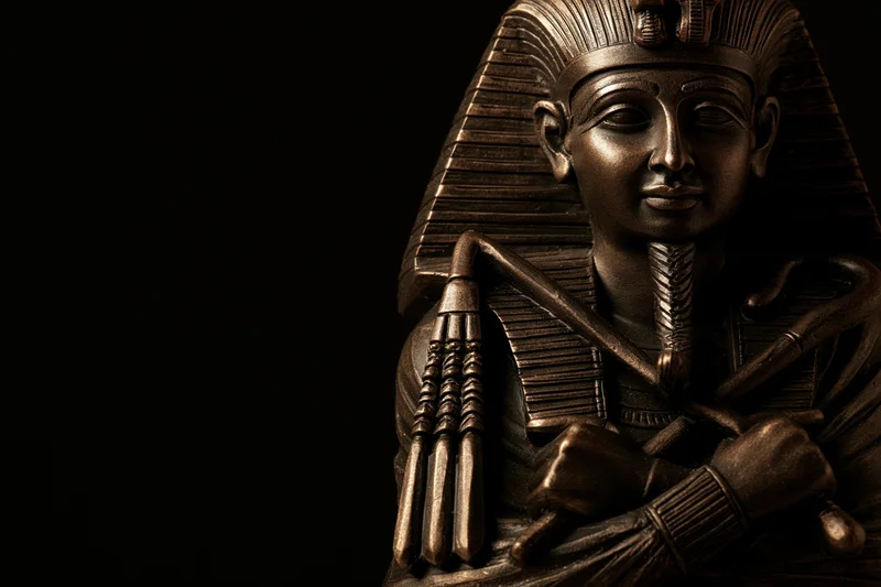 Bronze egyptian pharaoh bust with crossed arms holding scepter and flail against black background