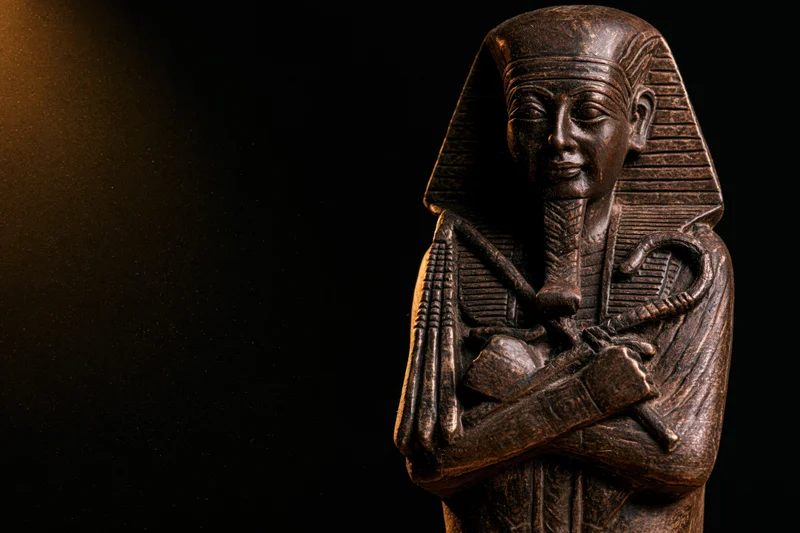 Carved stone bust of an ancient egyptian pharaoh with nemes headdress and crossed scepter and flail, against dark background