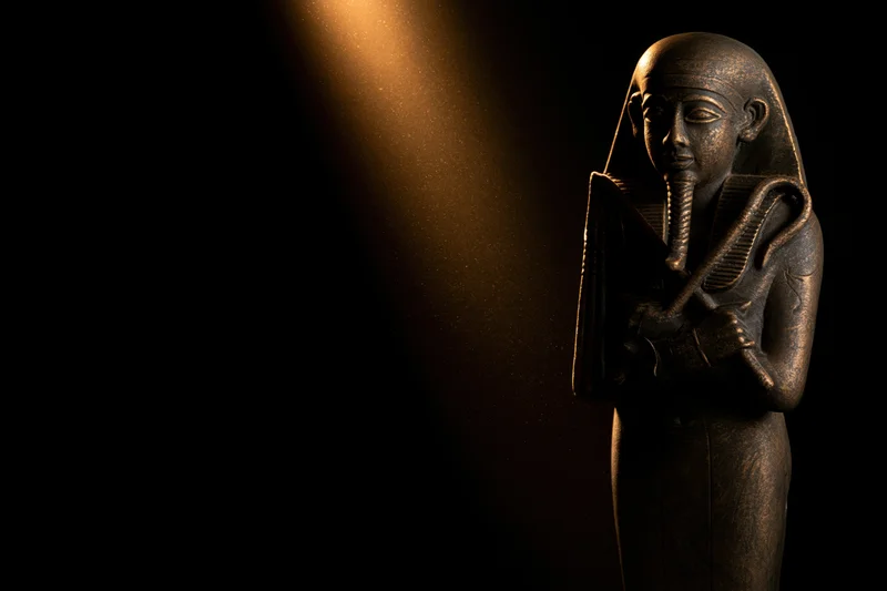 Ancient egyptian pharaoh statue illuminated by spotlight against black background