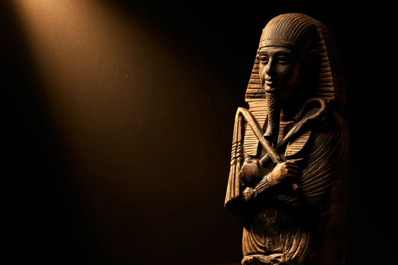 Ancient egyptian pharaoh statue bust carved from stone, illuminated by spotlight against dark background