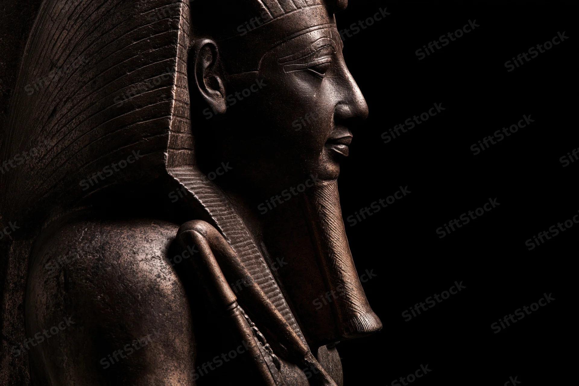 Profile view of ancient egyptian pharaoh statue in dark bronze tone against black background