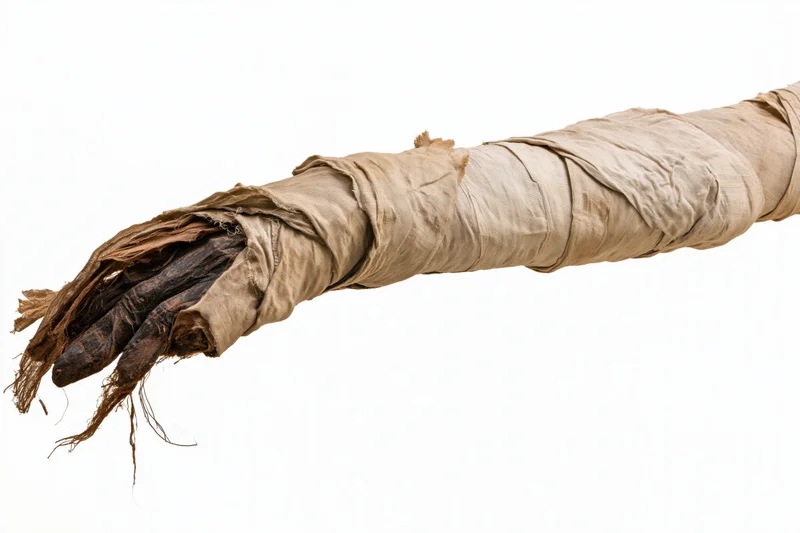 Mummified human hand and forearm wrapped in deteriorated linen bandages isolated on white