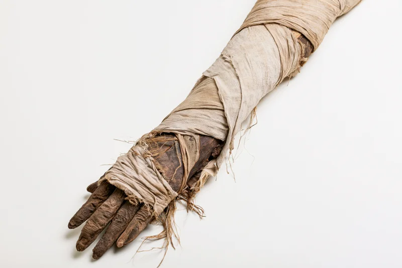 Mummified human hand and forearm wrapped in linen bandages on white background