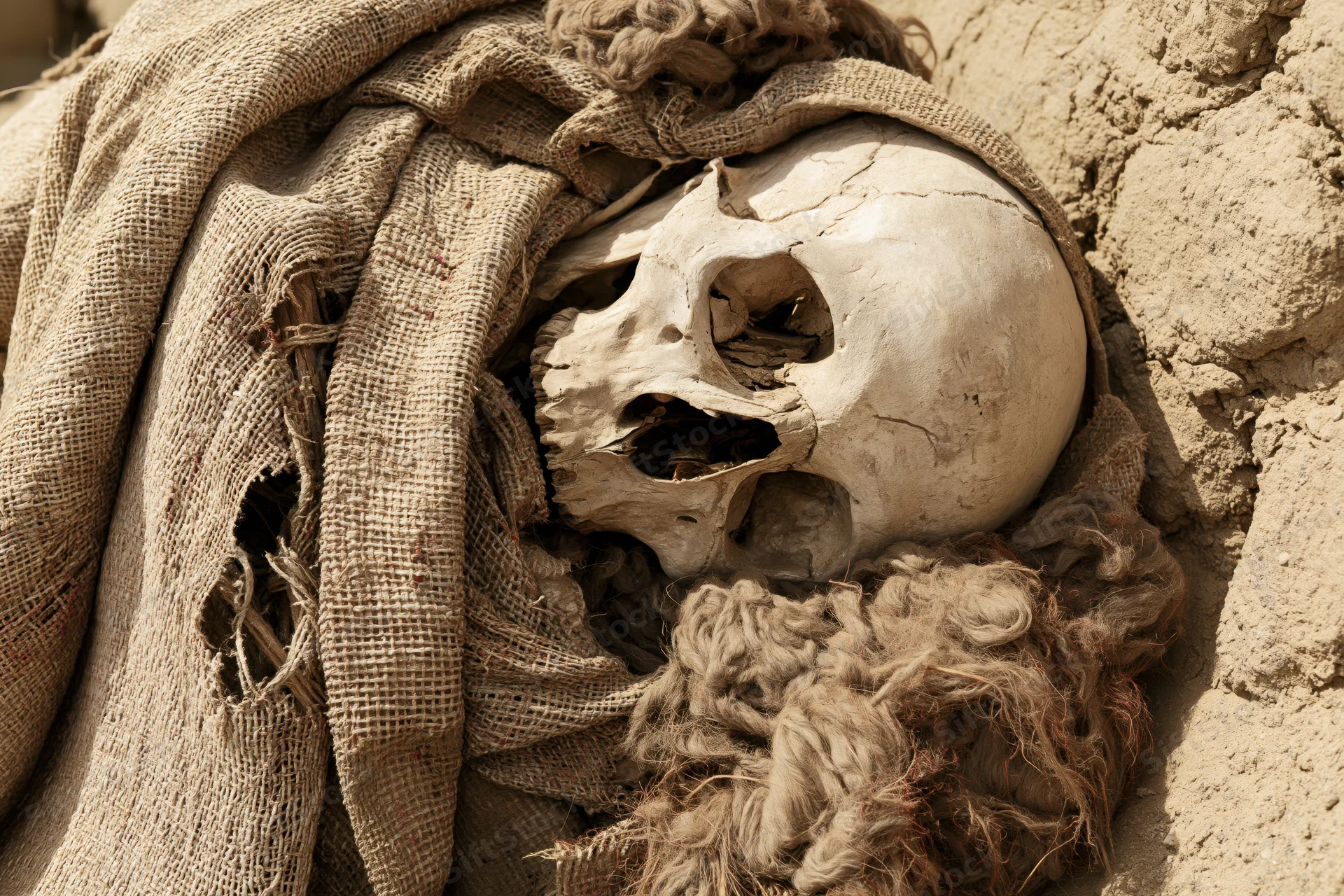 Ancient mummy with exposed skull wrapped in burlap textile resting in sand