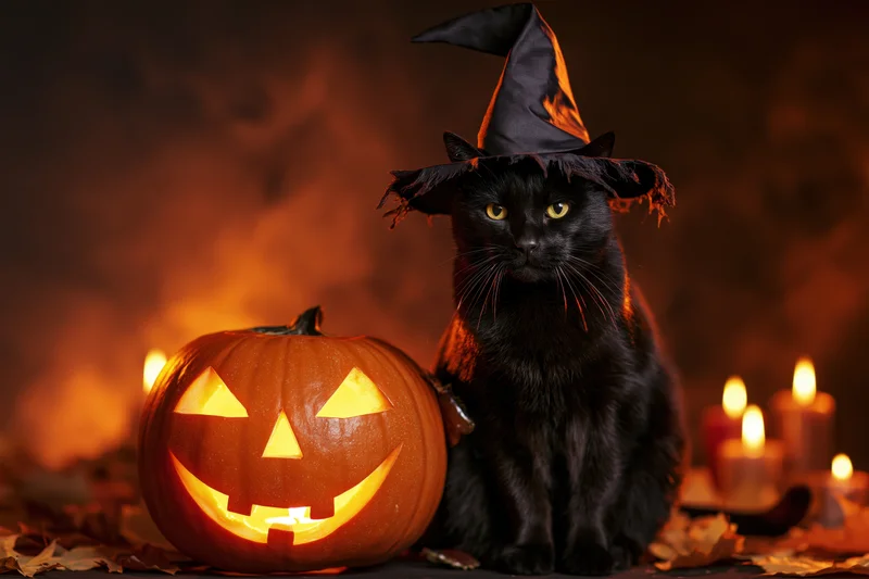 Black cat wearing witch hat sitting beside carved pumpkin with candles and autumn leaves