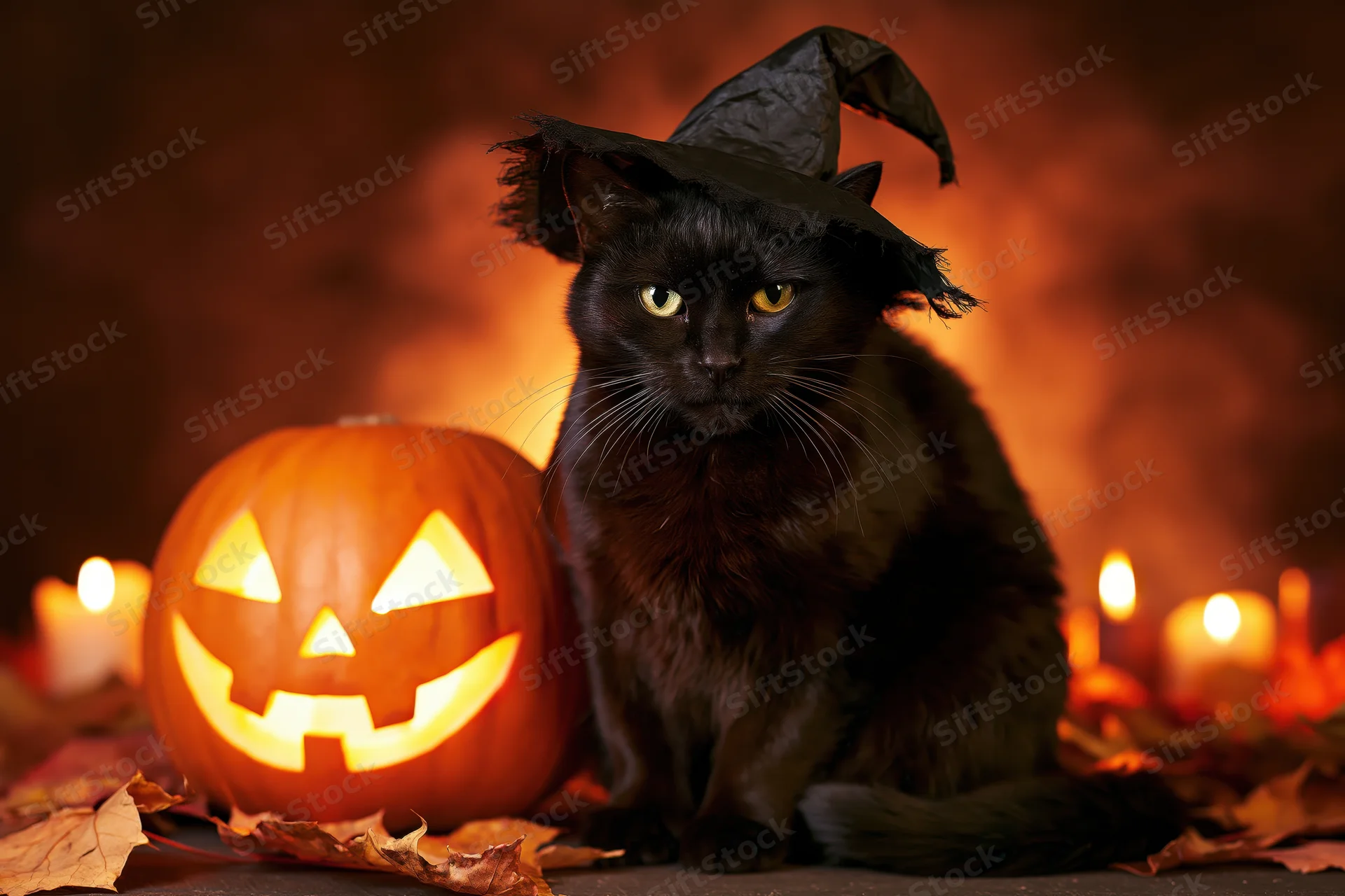 Black cat wearing witch hat sitting beside glowing jack-o'-lantern with candles and autumn leaves