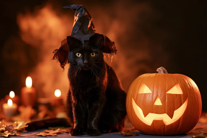 Black cat wearing witch hat sitting beside carved pumpkin with candles and autumn leaves at night