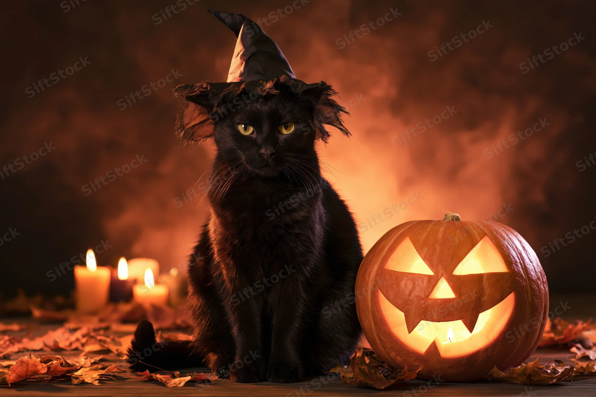 Black cat wearing witch hat sitting beside carved pumpkin with candles on wooden floor surrounded by autumn leaves