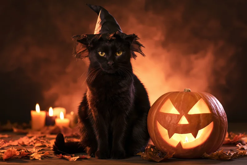 Black cat wearing witch hat sitting beside carved pumpkin with candles on wooden floor surrounded by autumn leaves