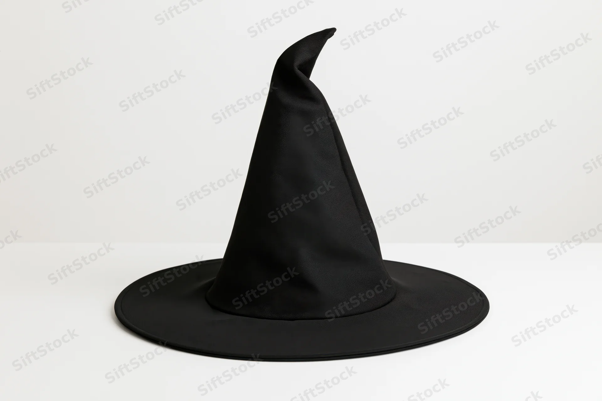 Black fabric witch hat with tall pointed crown and wide brim on white surface