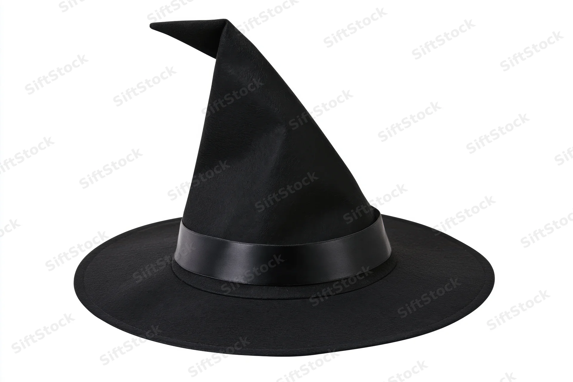 Black witch hat with tall pointed crown and wide brim on white background