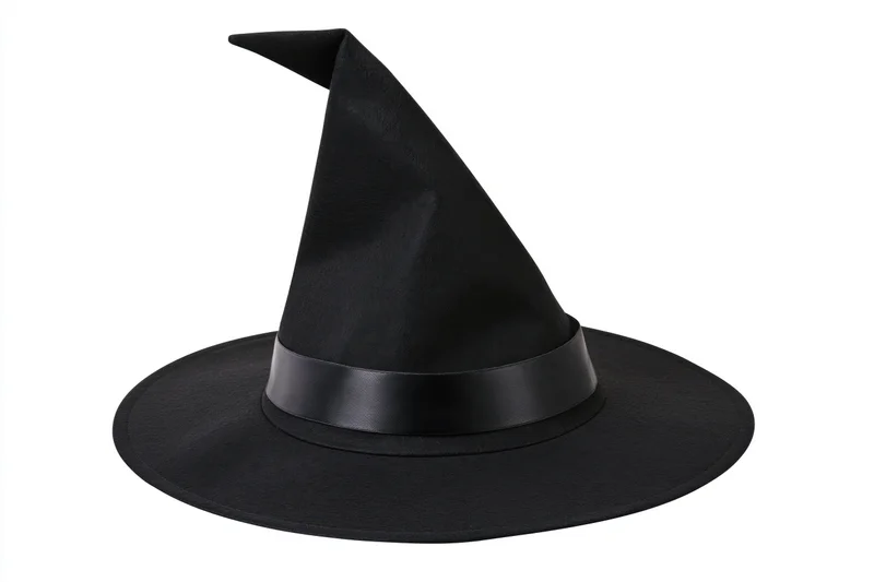 Black witch hat with tall pointed crown and wide brim on white background