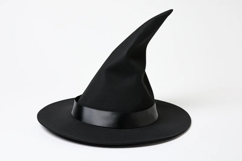 Black witch hat with tall pointed crown and wide brim on white background