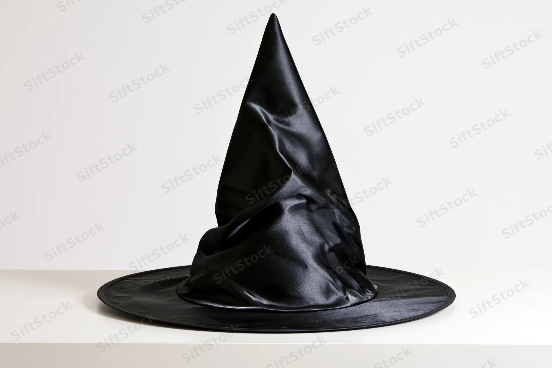 Black plastic witch hat standing upright on a white surface
