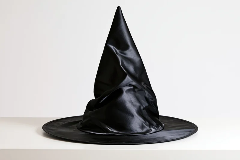 Black plastic witch hat standing upright on a white surface
