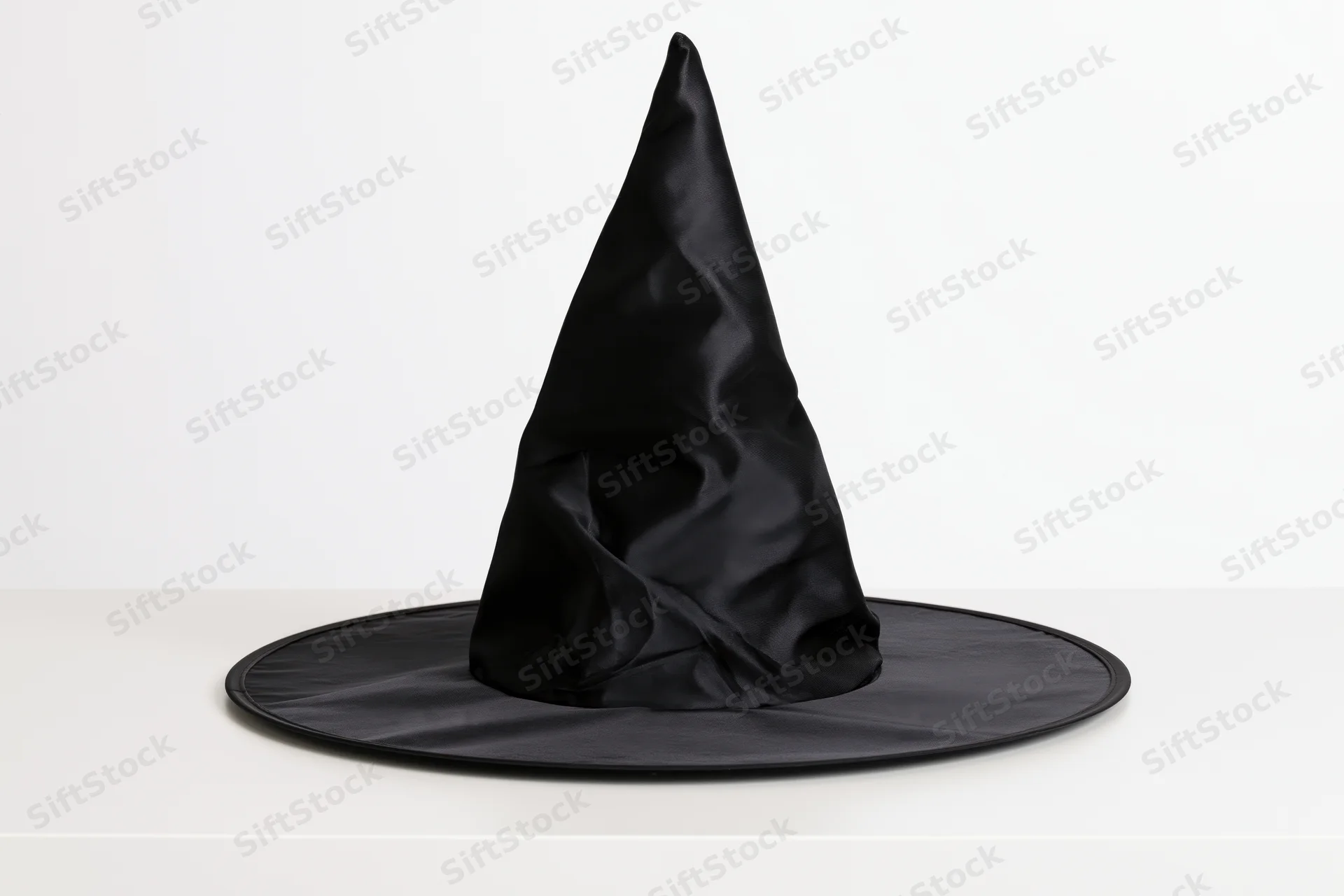 Black plastic witch hat standing upright on a white surface