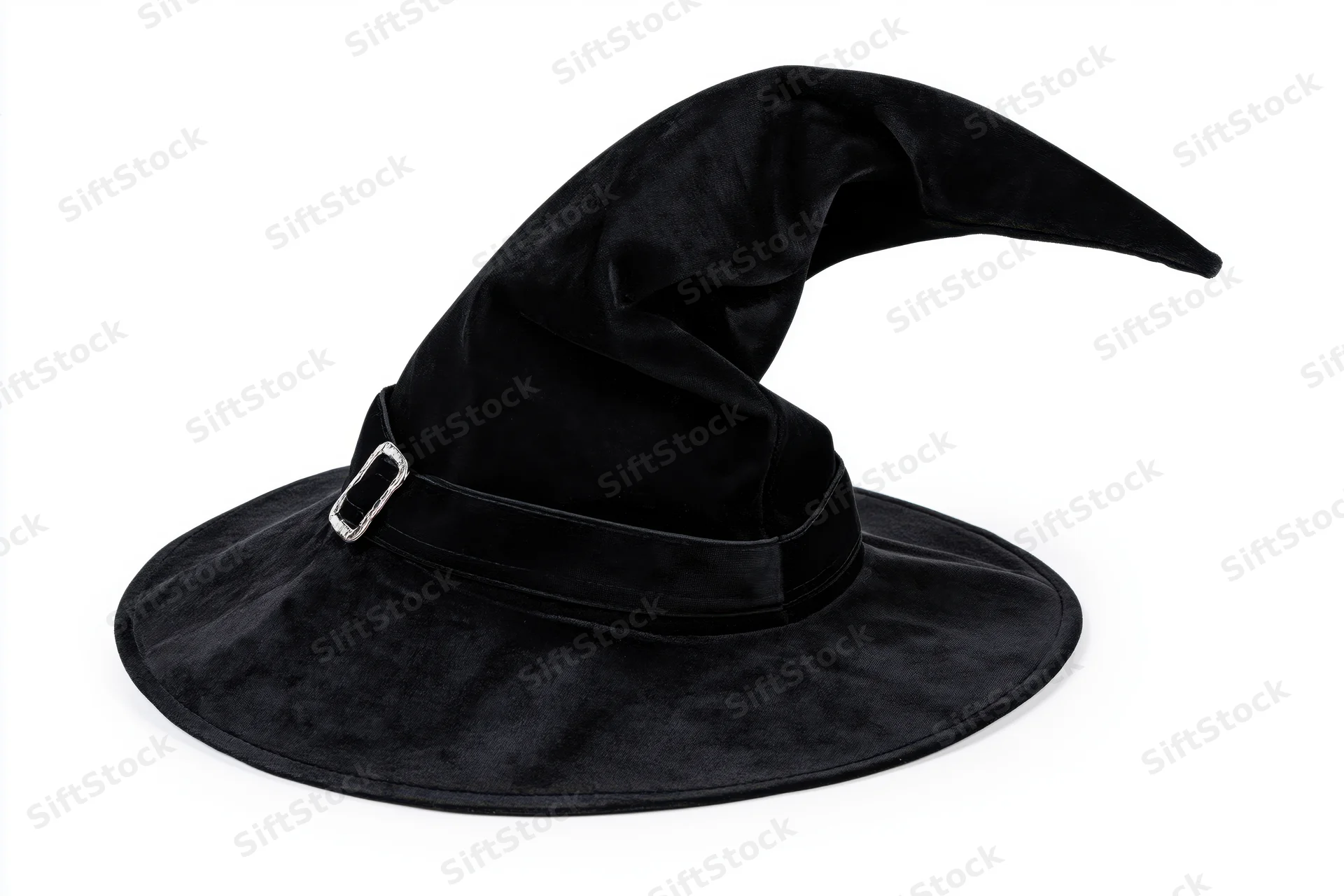 Black velvet witch hat with curved pointed tip on white background