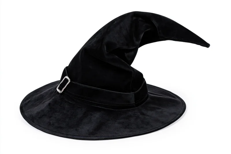 Black velvet witch hat with curved pointed tip on white background