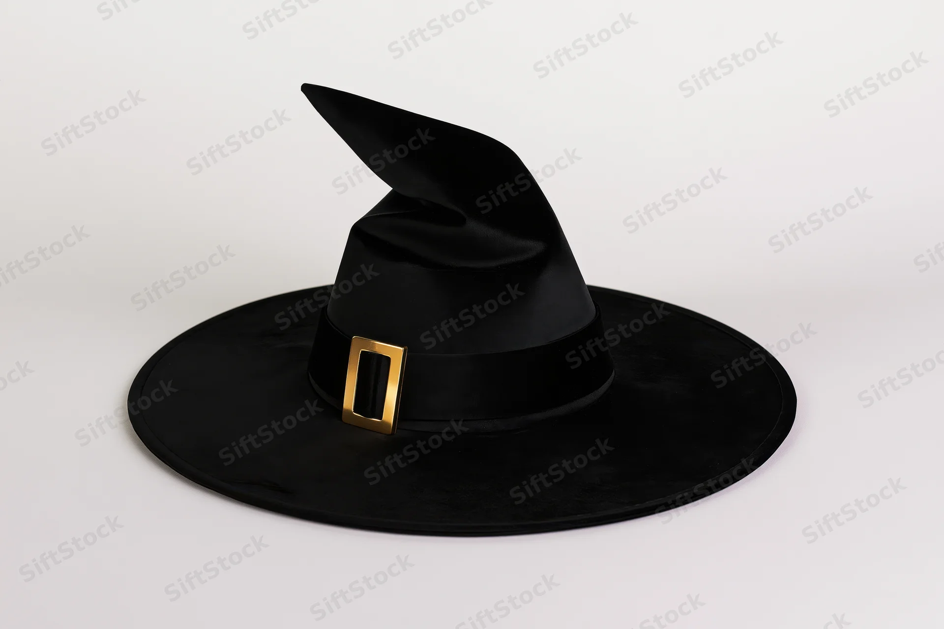 Black witch hat with twisted crown and gold buckle on white background