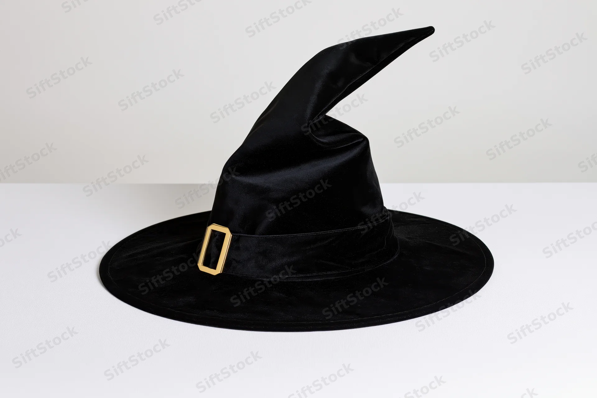 Black velvet witch hat with twisted peak and gold buckle on white surface