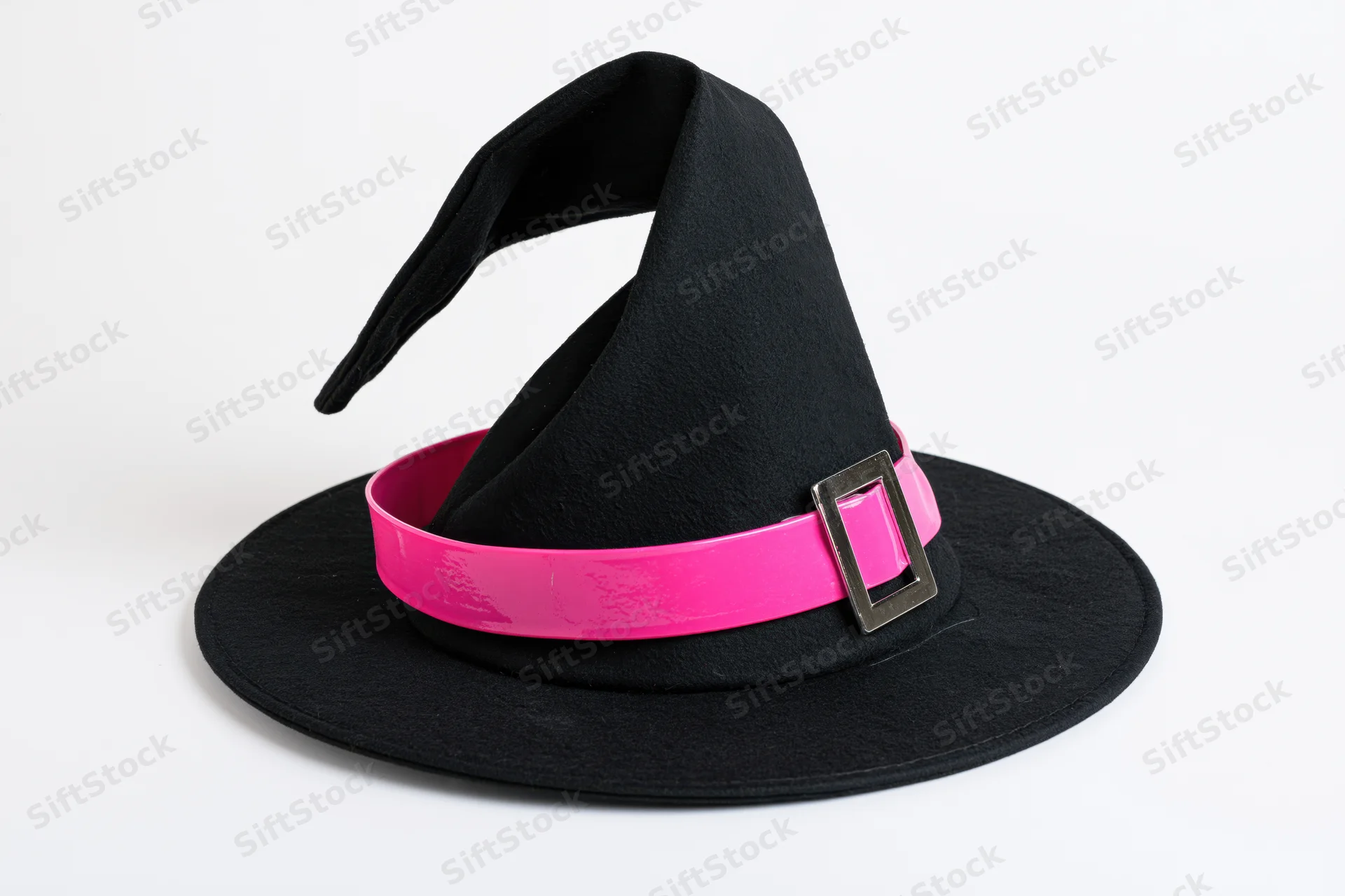 Black witch hat with wide flat brim and tall pointed crown on white background