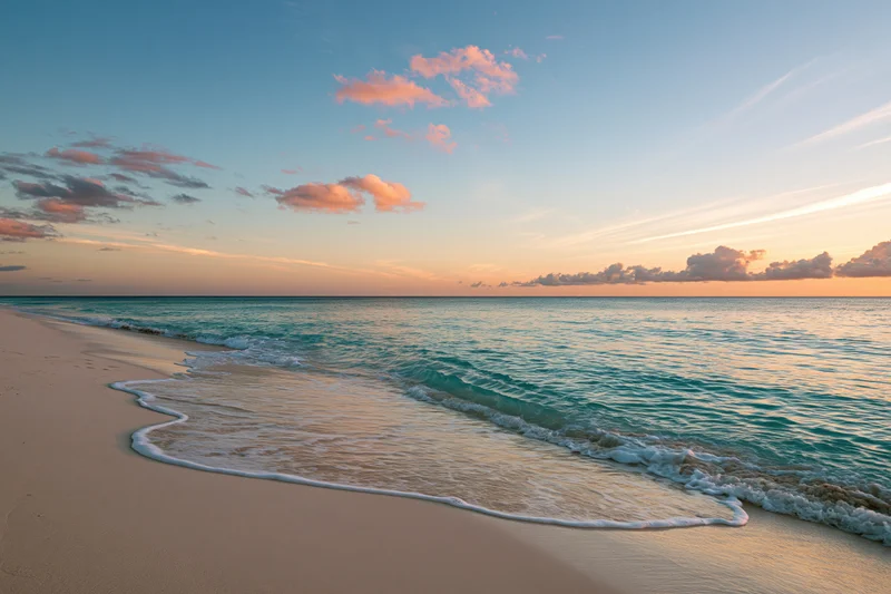 Gentle waves washing over sandy beach at sunset under pastel sky