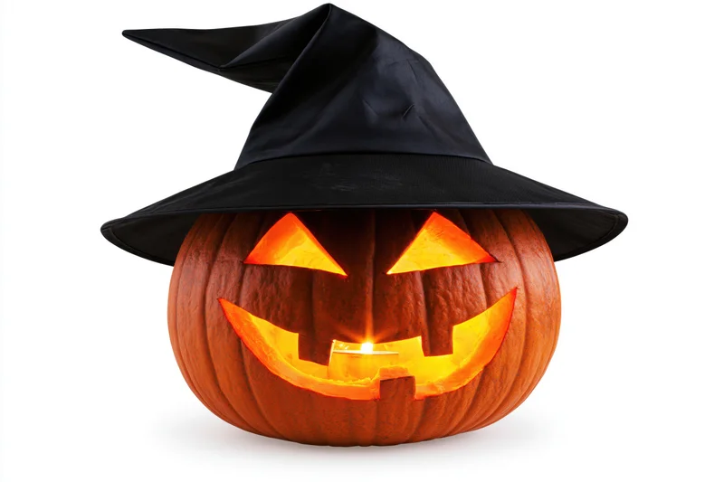 Carved pumpkin with glowing face wearing black witch hat isolated on white