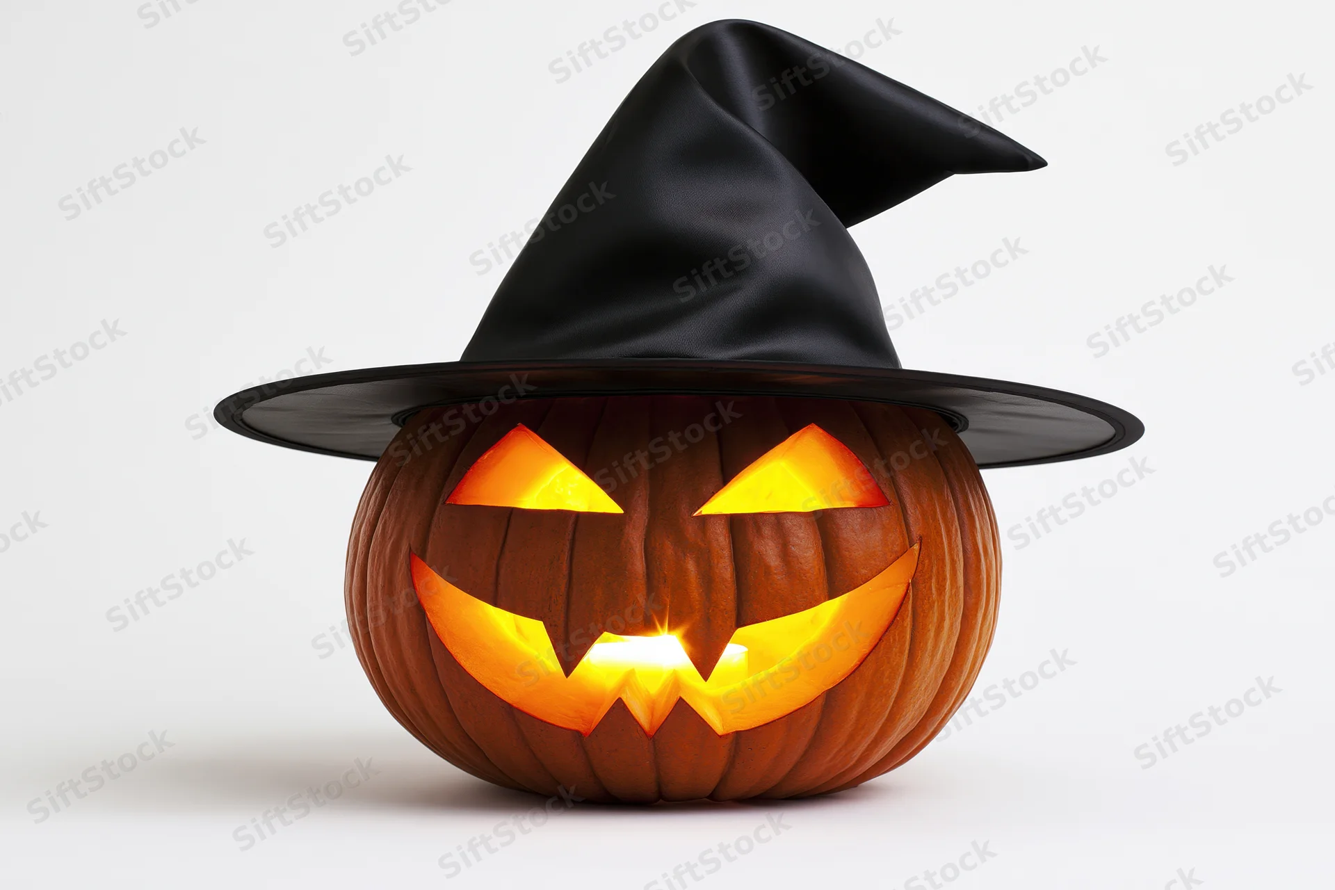 Carved pumpkin with glowing face wearing black witch hat on white background