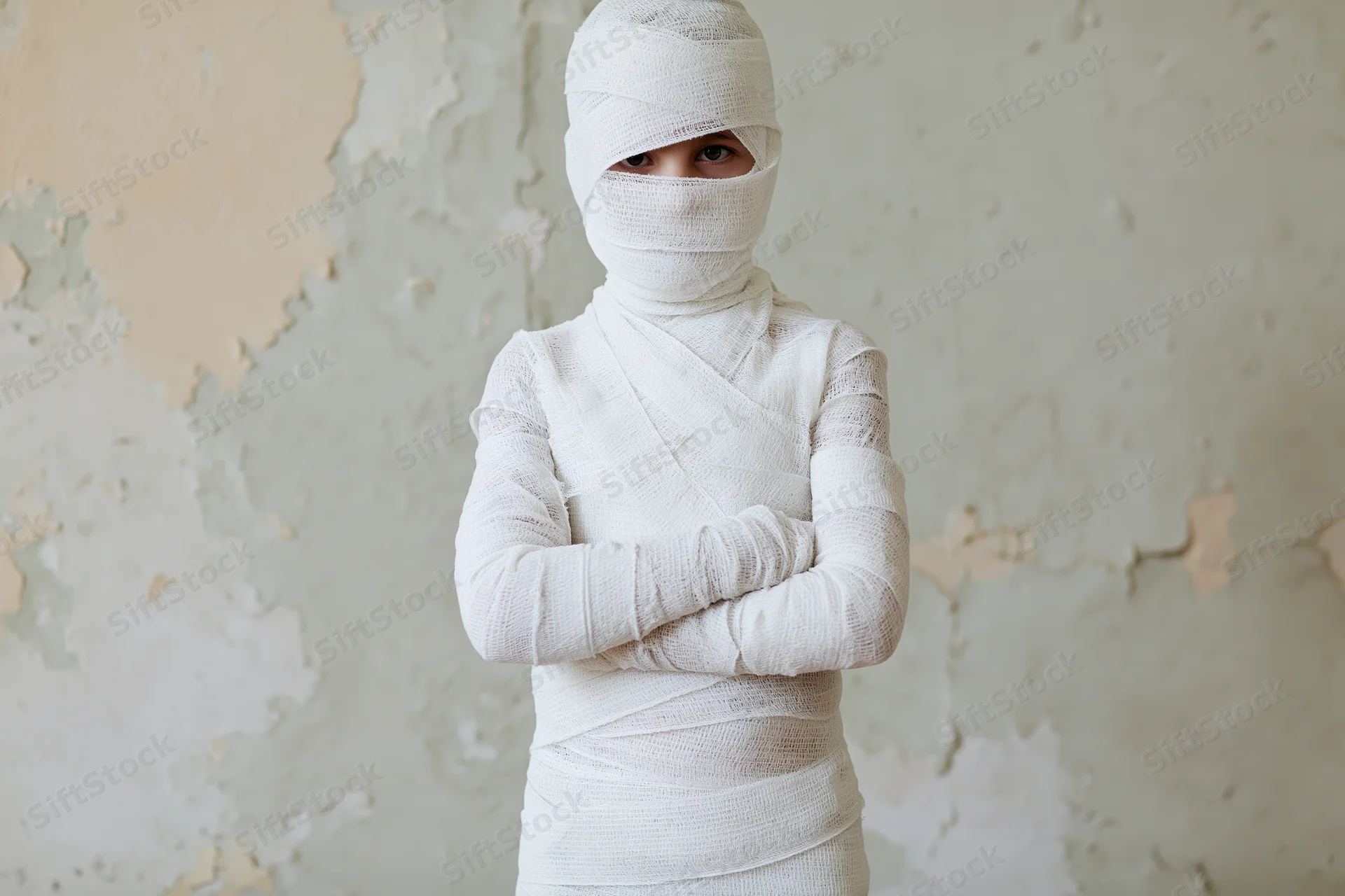 Child wrapped in white medical bandages with arms crossed against peeling wall
