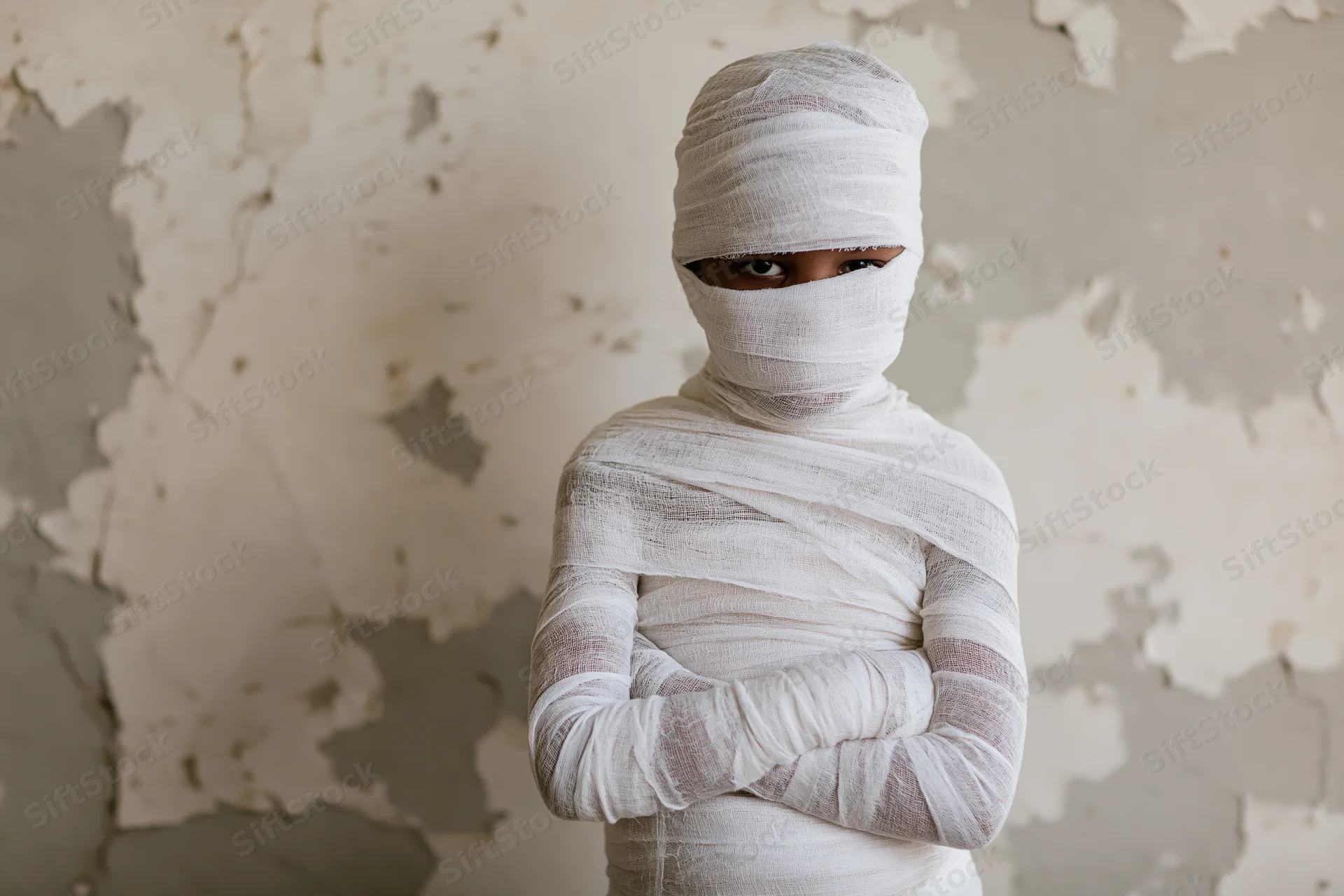 Child wrapped in white gauze bandages with arms crossed standing before peeling wall