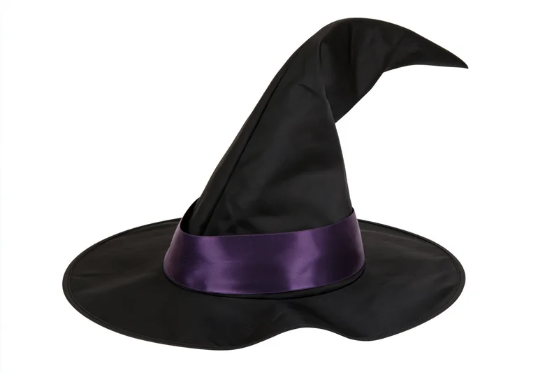 Black witch hat with curved tip and purple band on white background