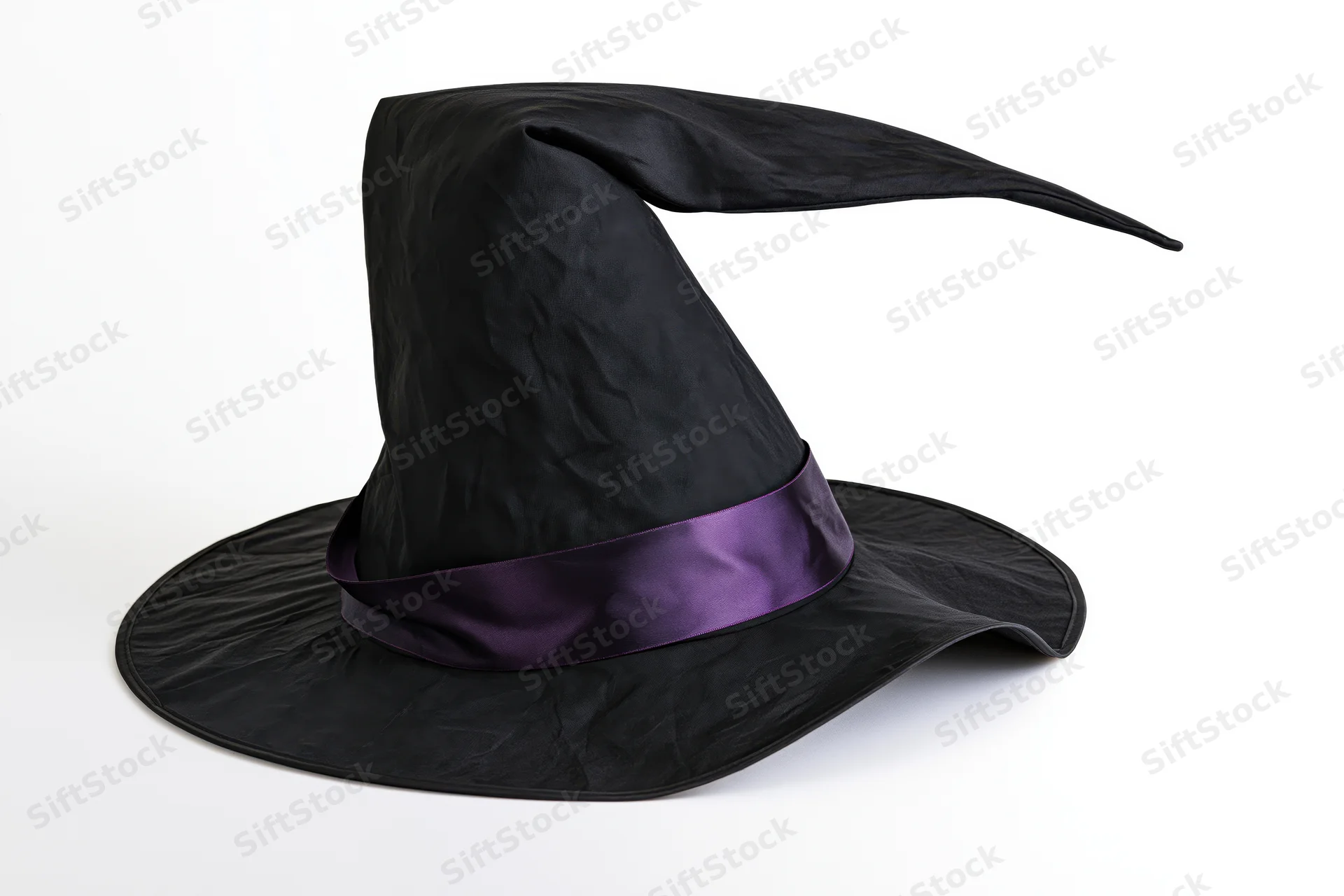 Black witch hat with tall pointed tip and purple ribbon on white background