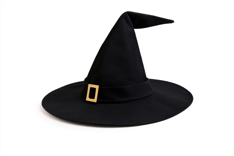 Black witch hat with wide brim and tall pointed top on white background