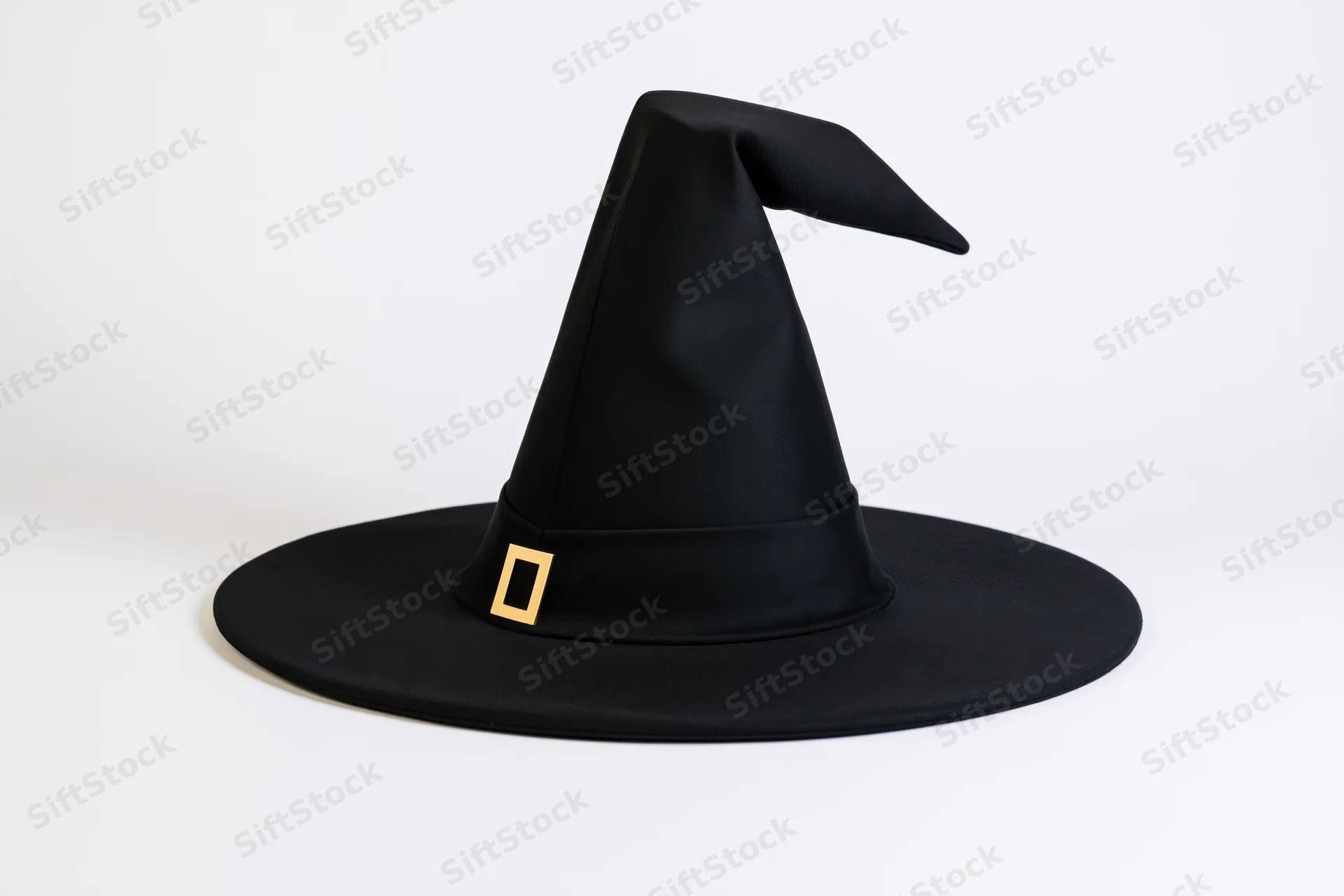 Black witch hat with wide brim and tall pointed top on white background