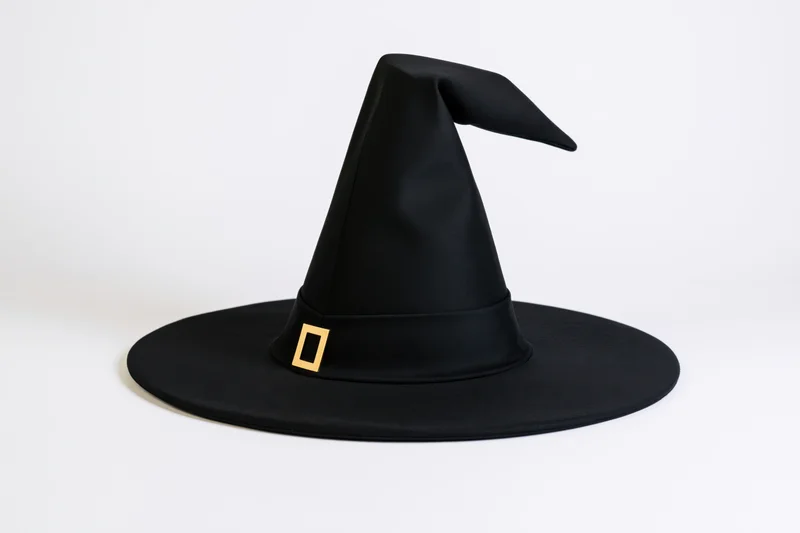 Black witch hat with wide brim and tall pointed top on white background