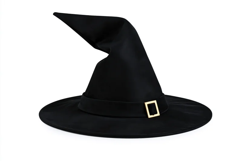 Black witch hat with wide brim and tall point on white background
