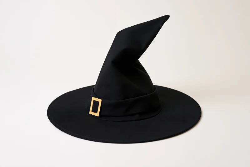 Black witch hat with wide brim and tall point on white background