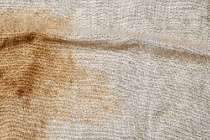 Close-up of aged linen fabric with brown stains and creases filling the frame