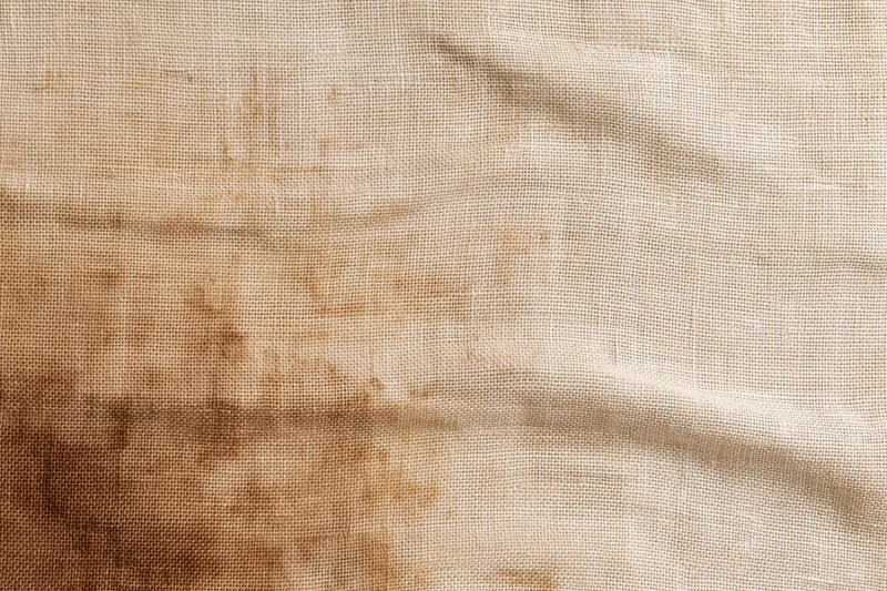 Close-up of aged linen fabric with stains and creases filling the frame