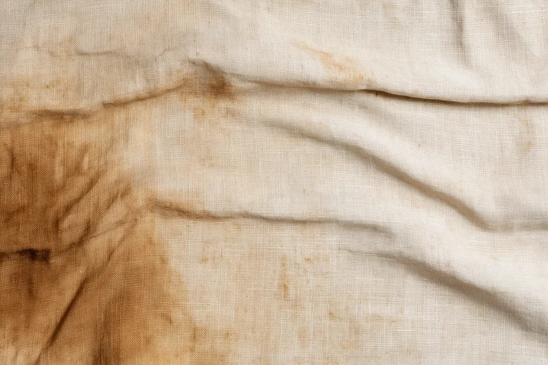 Close-up of aged linen fabric with stains and wrinkles filling the frame